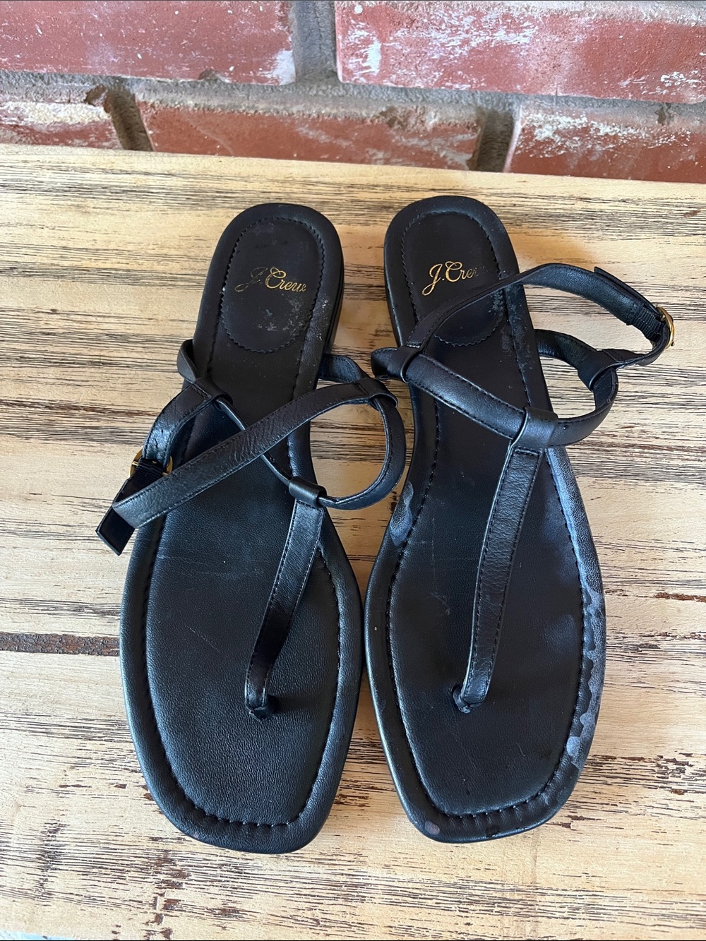 J. Crew Black Leather Loop T-Strap Sandals As Is Condition